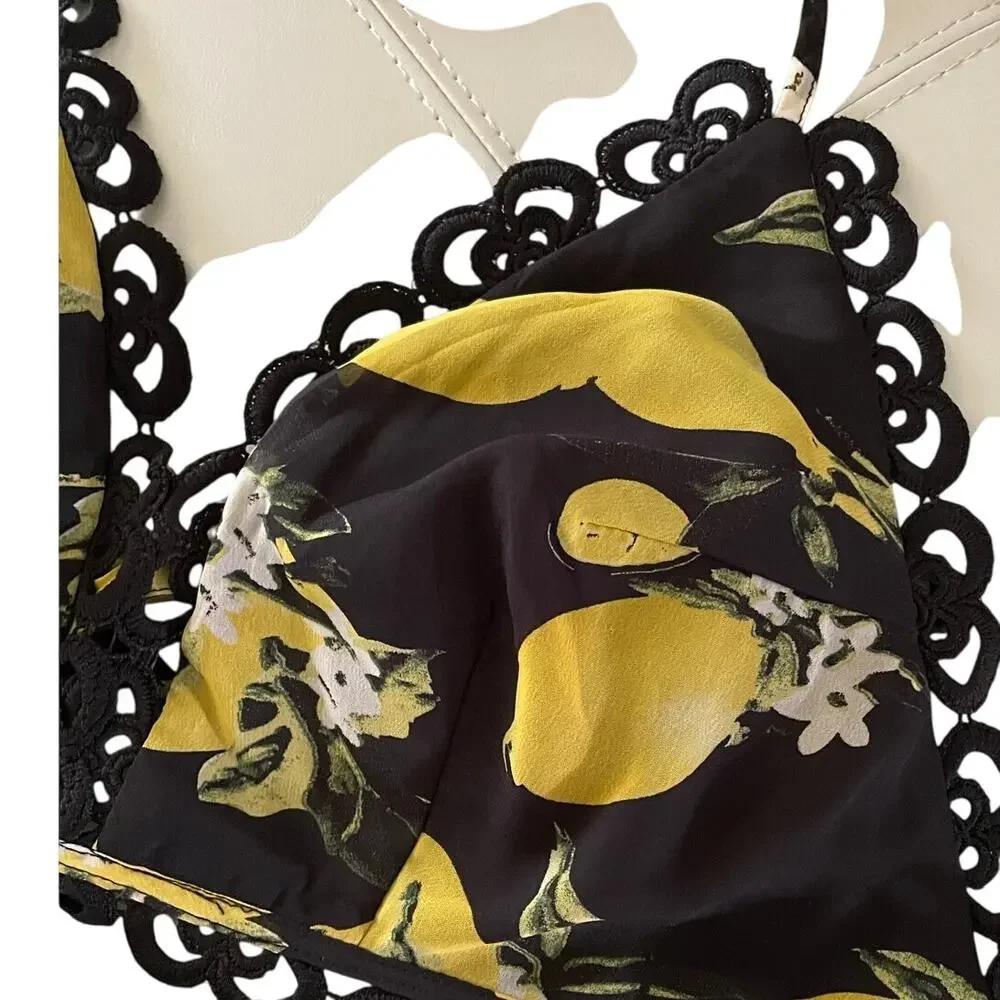 Miss Avenue Coquette Lemon Print Short Set Black Crochet Halter Lounge sz Large